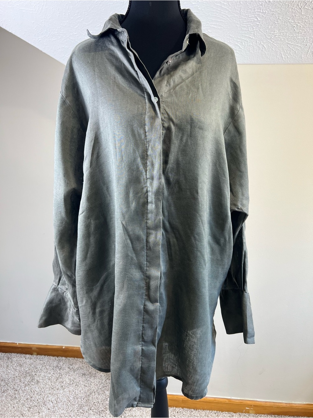Refinity Lagenlook Oversized Button Down Linen Blouse Gray Womens XS Long Sleeve